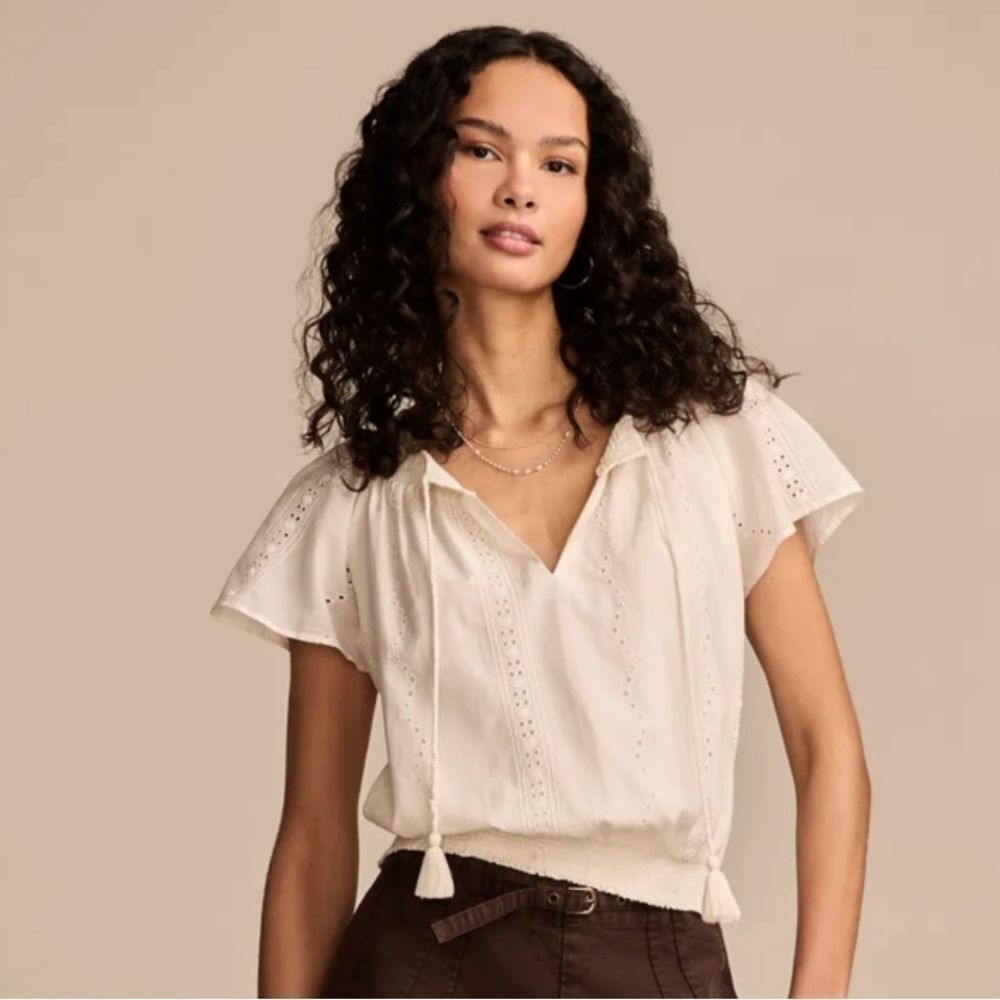 Lucky Brand XL Tofu Cream Front Tassel Tie Flutter Short Sleeve Boho Eyelet Top